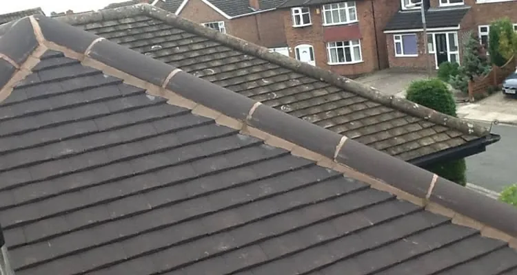 Re-bedded ridge tiles running along the apex of a tiled roof
